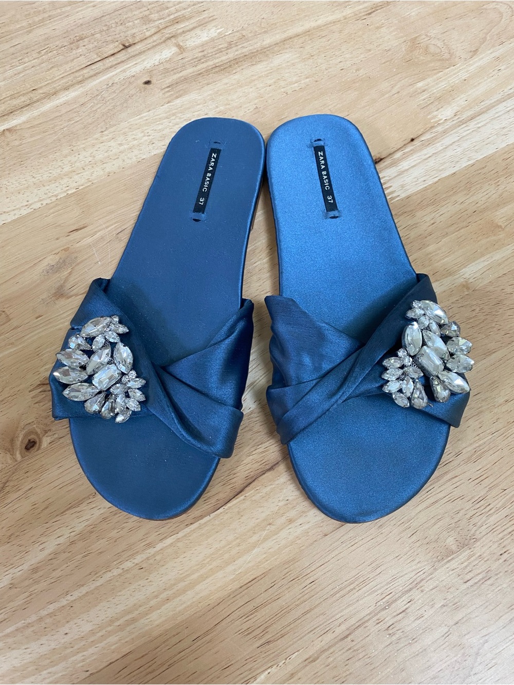 Zara Navy Satin Jeweled Slide Mules